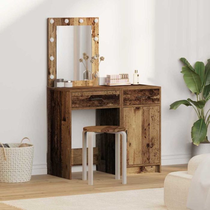 2-Piece Dressing Table Set with LED in Old Wood Finish