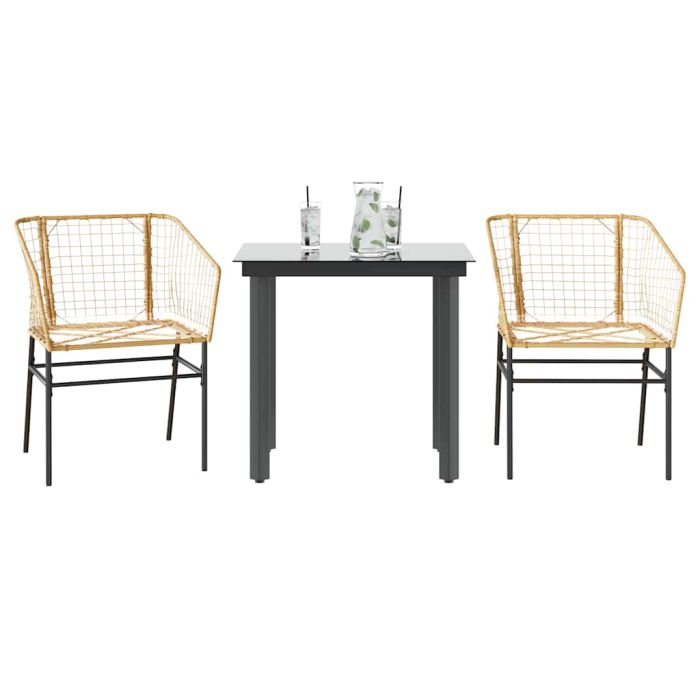 TAELM 3 Piece Garden Dining Set Poly Glass Rattan - Brown