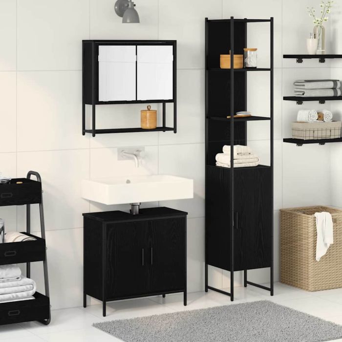 3 Piece Bathroom Furniture Set Black Oak Engineered Wood