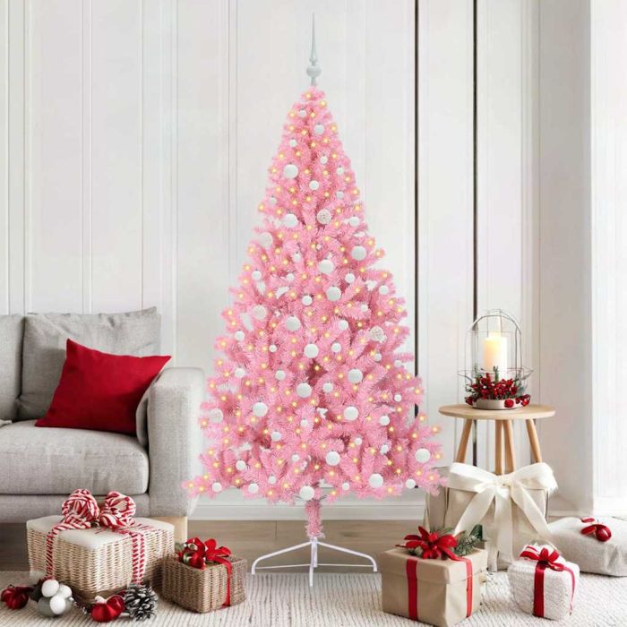 EMBERI Artificial Pre-lit Christmas Tree with 300 LEDs Pink 180 cm PVC