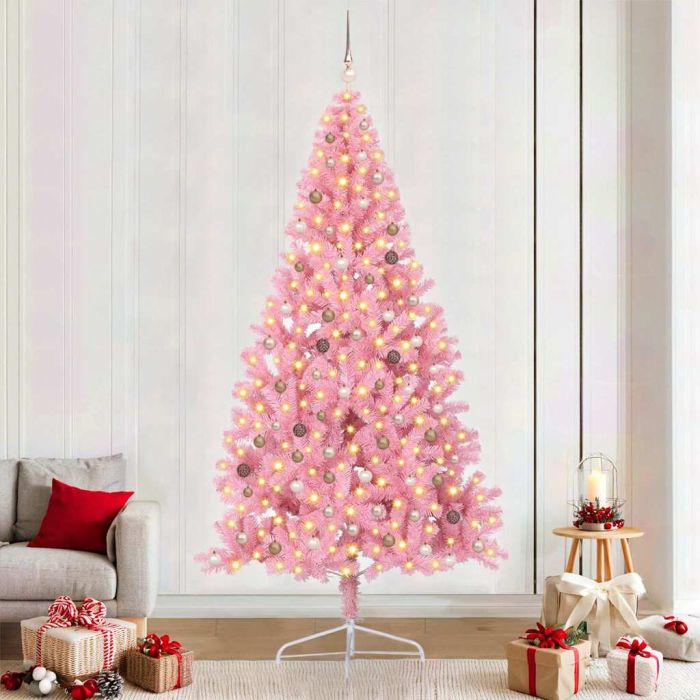 BRIWIN Artificial Pre-lit Christmas Tree with 300 LEDs Pink 240 cm PVC
