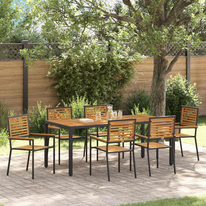 7 Piece Garden Dining Set Black Poly Rattan Acacia