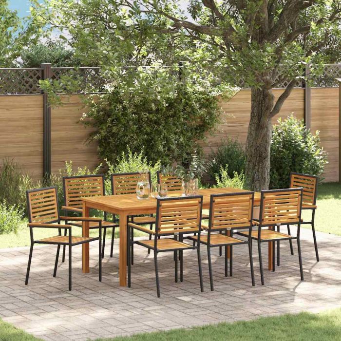 9 Piece Garden Dining Set Black Poly Rattan Acacia