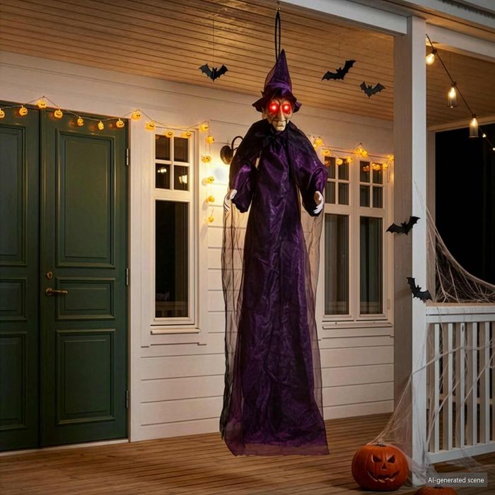 Hanging Halloween Talking Witch Decoration - Purple Polyester Prop 216 x 125 cm