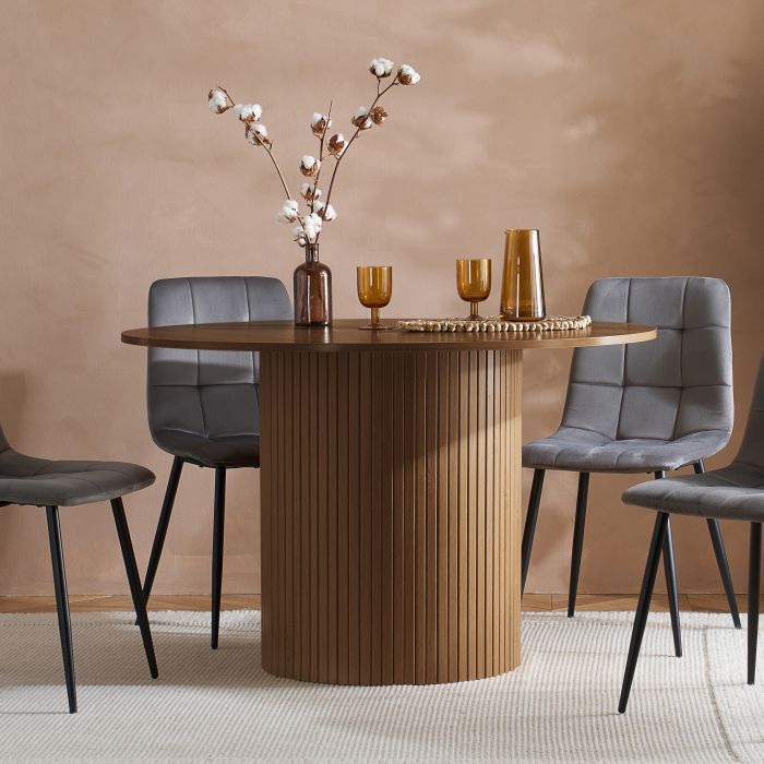 AUREN Fluted Round Dining Table with 4 Fabric Chairs - Walnut