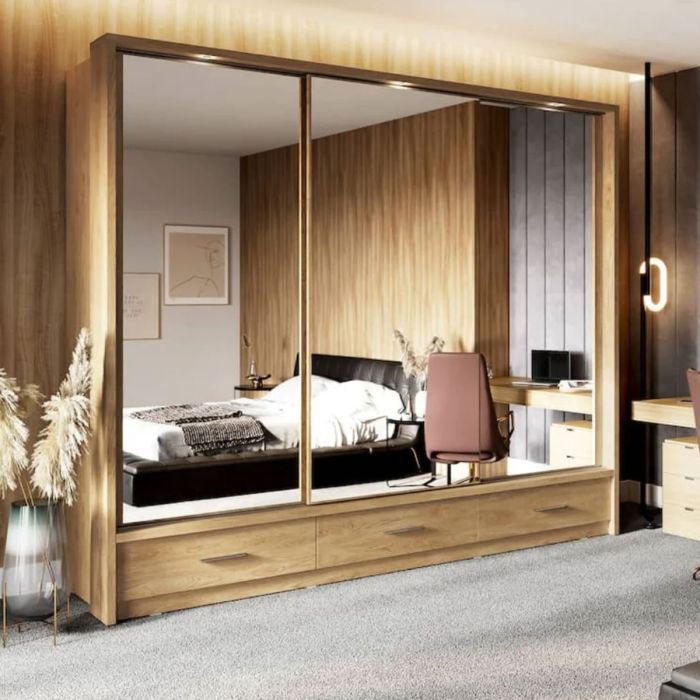 IRVINE II 3 Door Mirrored Sliding Wardrobe with 3 Drawer Oak - 250cm