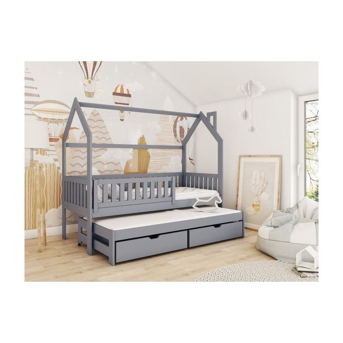 Single Bed - YORKSHIRE Wooden 3ft Bed with Trundle and Foam Mattresses Grey