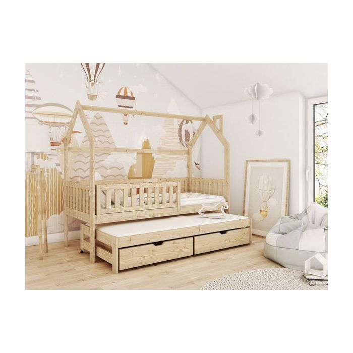 Single Bed - YORKSHIRE Wooden 3ft Bed with Trundle and Bonnell Mattresses Pine