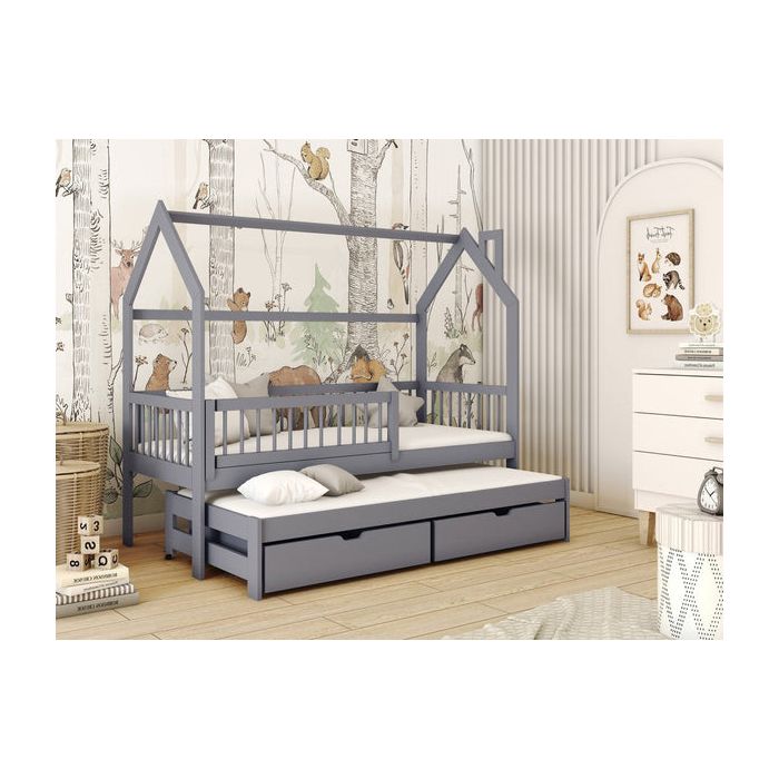Single Bed - HOSTON Wooden 3ft Bed with Trundle and Bonnell Mattresses Grey