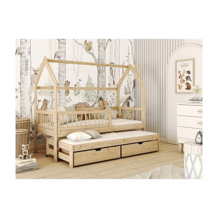Single Bed - HOSTON Wooden 3ft Bed with Trundle and Bonnell Mattresses Pine
