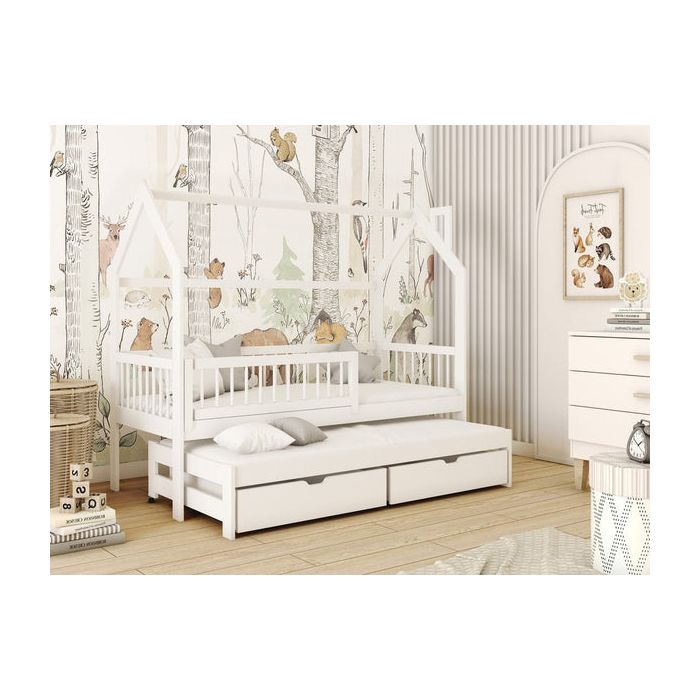 Single Bed - HOSTON Wooden 3ft Bed with Trundle and Foam Mattresses White Matt