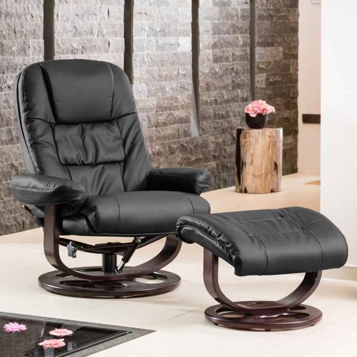 Armchair - THERAVO Leather Swivel Recliner Chair with Stool - Black