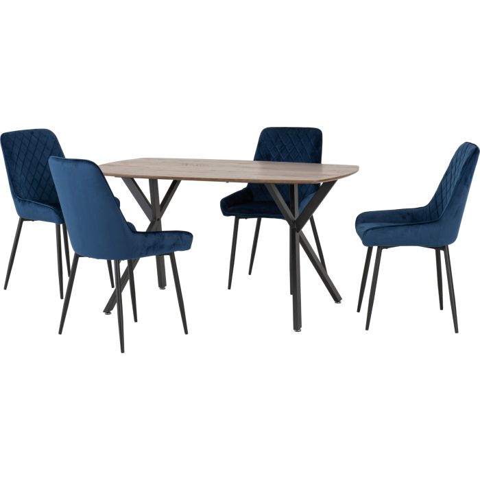 Athens Rectangular Dining Set with Avery Chairs - Oak Effect Black Sapphire Blue Velvet