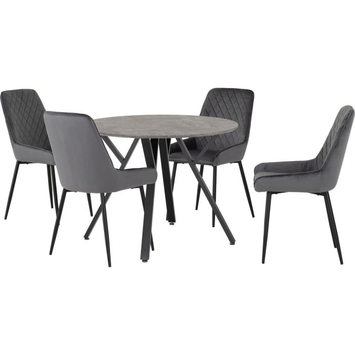 Athens Round Dining Set with Avery Chairs - Concrete Effect Black Grey Velvet