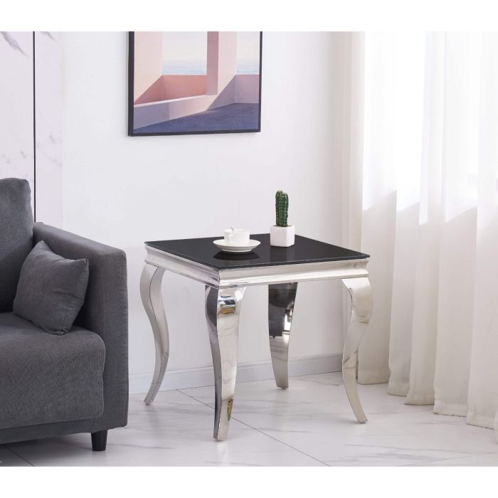 Modern Elegance Brighton Stainless Steel Lamp Side Table with Black Glass Top - Silver
