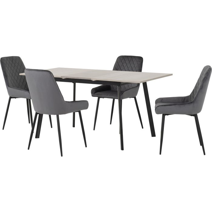 Avery Extending Dining Set with Avery Chairs - Concrete Grey Oak Effect Black Grey Velvet