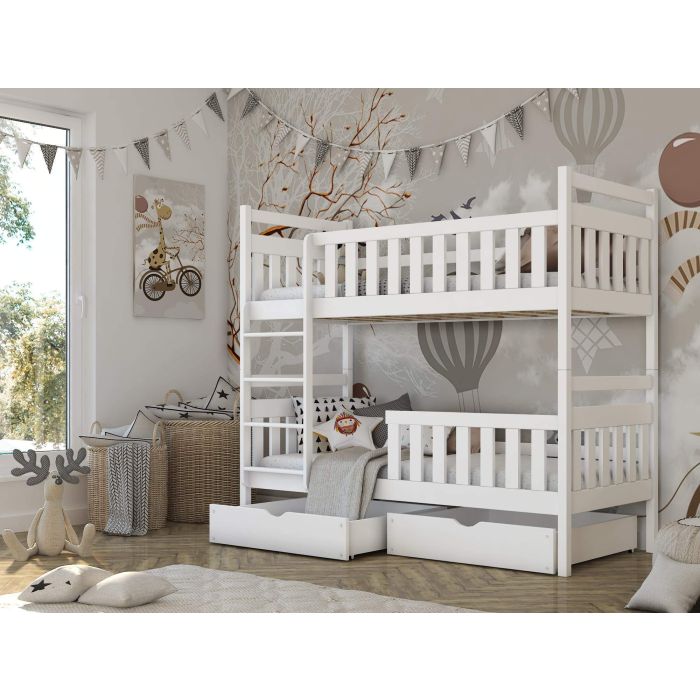 Montreal Wooden Bunk Bed with 2 Drawers Storage and Foam Mattress - White