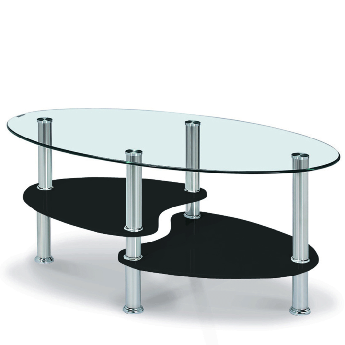Matlock Oval Glass Coffee Table with Stylish Shelving in Stainless Steel Frame - Black