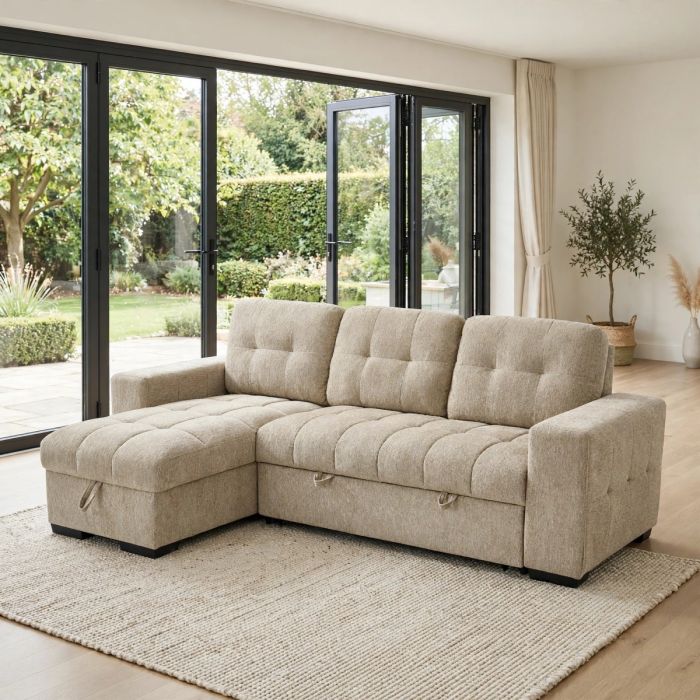 DONATELLO Fabric 3 Seater L Shaped Corner Sofa Bed - Beige, Reversible Facing