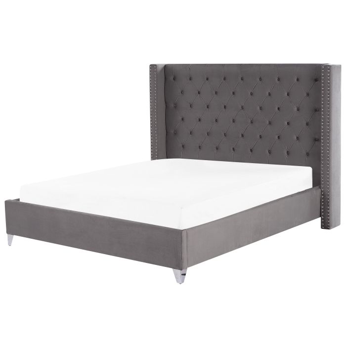 Slatted Bed Frame Grey Velvet Upholstered Tufted Headrest Nailhead Trim 6ft EU Super King Size Glam Design