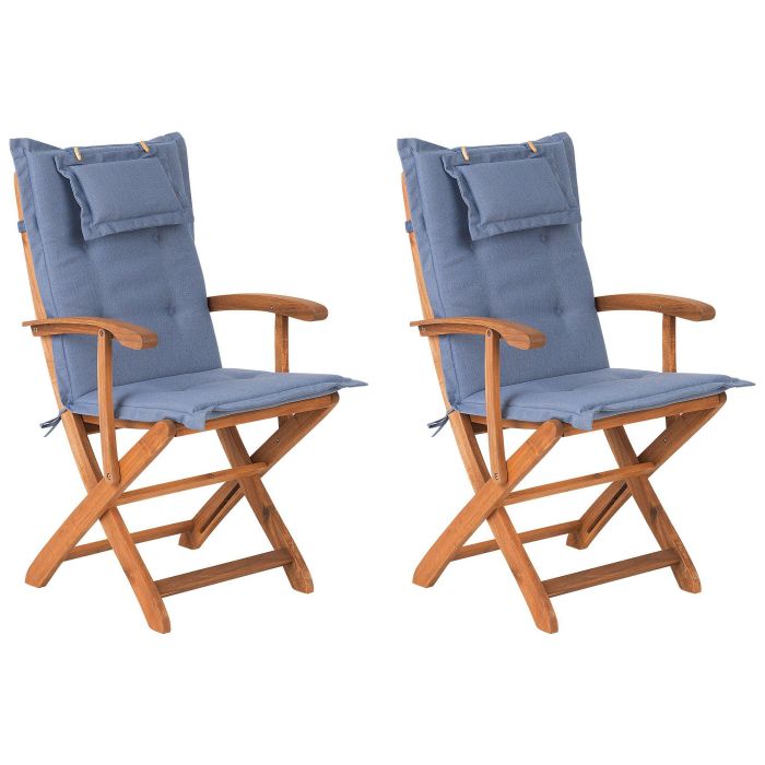Set of 2 Garden Folding Chairs with Blue Cushions MAUI