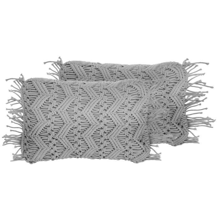 Set of 2 Cotton Macramé Cushions with Tassels 30x45cm Grey