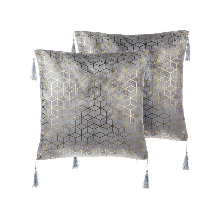 Set of 2 Cushions Geometric Pattern with Tassels 45x45cm Silver