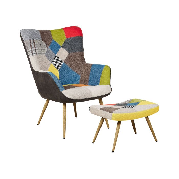 Wingback Chair with Footstool Patchwork Multicolour VEJLE II
