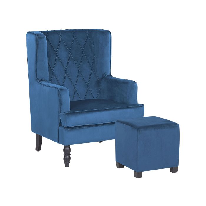 Velvet Armchair with Footstool Blue SANDSET