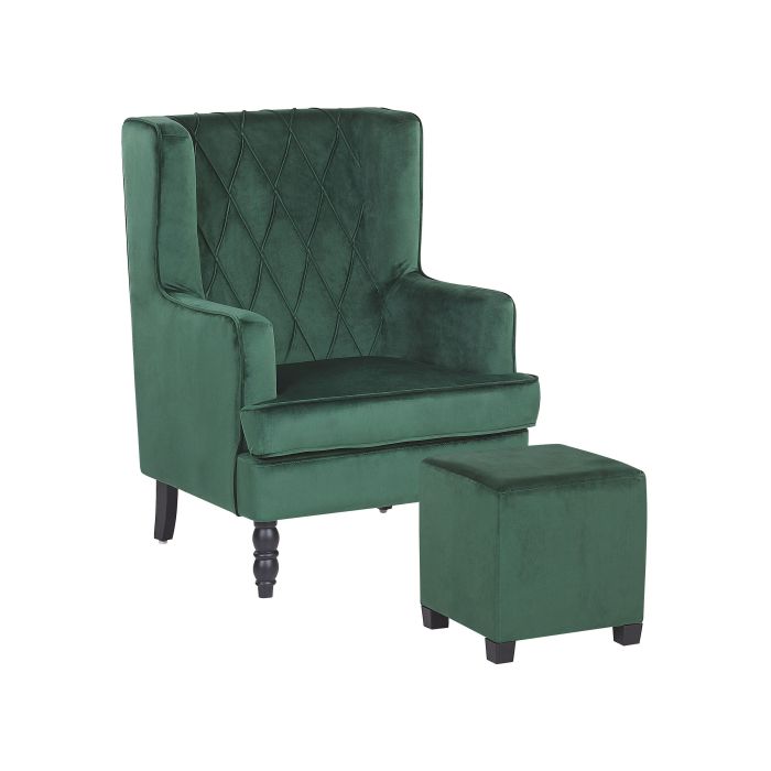 Velvet Armchair with Footstool Green SANDSET