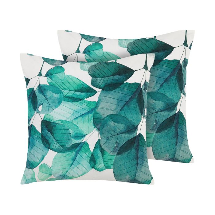 Set of 2 Outdoor Cushions Leaf Motif 45 x 45 cm Teal Blue and White TREBBO