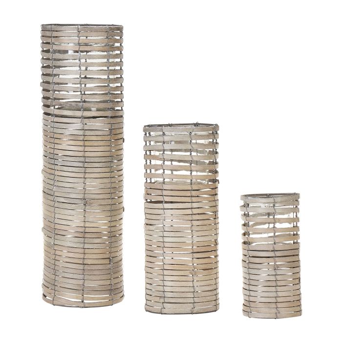 Set of 3 Candle Holders Light Wood