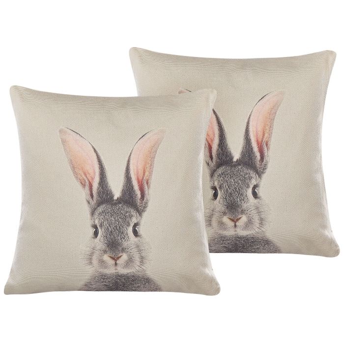 Set of 2 Cotton Cushions Rabbit Print 45x45cm Taupe