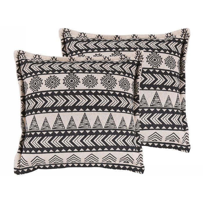 Set of 2 Cotton Cushions Geometric Pattern 45x45cm Beige and Black