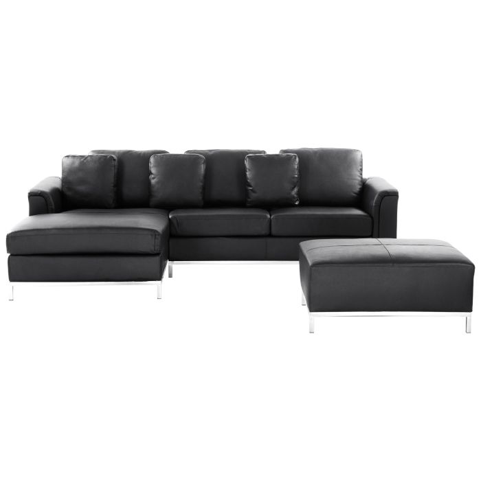 Right Hand Leather Corner Sofa with Ottoman Black OSLO