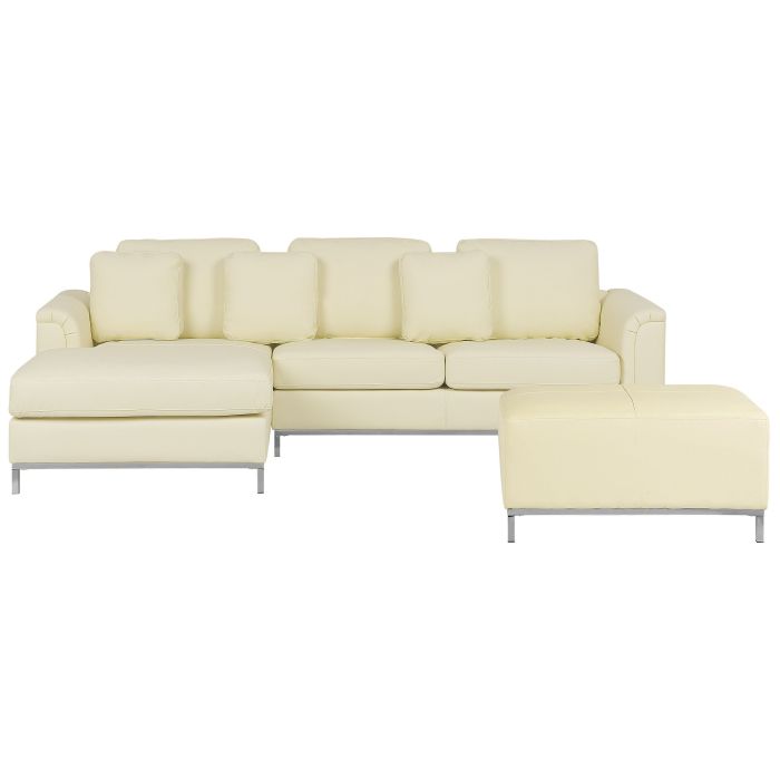 Right Hand Leather Corner Sofa with Ottoman Beige OSLO