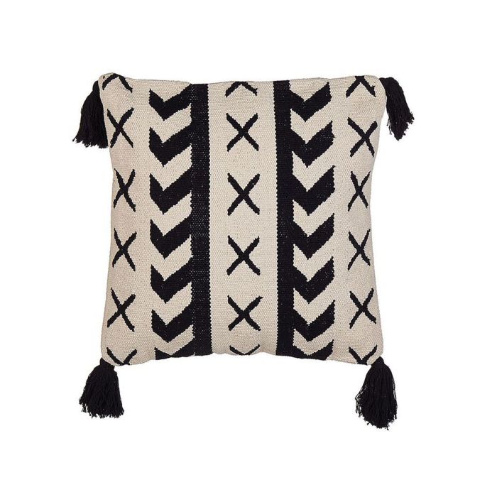 Cotton Cushion Geometric Pattern with Tassels 45x45cm Beige and Black