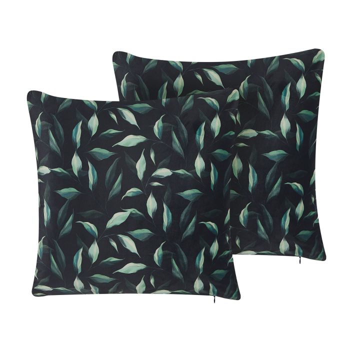 Set of 2 Velvet Cushions Leaf Pattern 45x45cm Green and Black