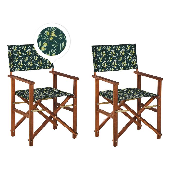 Set of 2 Acacia Folding Chairs and 2 Replacement Fabrics Dark Wood with Grey / Olives Pattern CINE