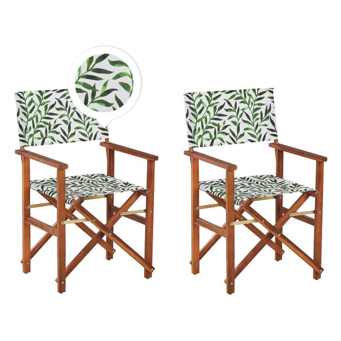 Set of 2 Acacia Folding Chairs and 2 Replacement Fabrics Dark Wood with Grey / Leaf Pattern CINE