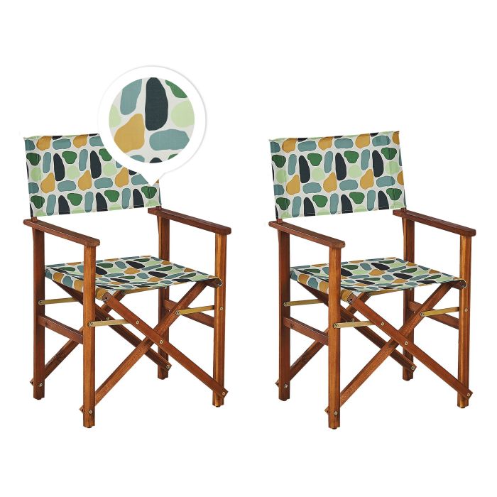 Set of 2 Acacia Folding Chairs and 2 Replacement Fabrics Dark Wood with Grey / Geometric Pattern CINE