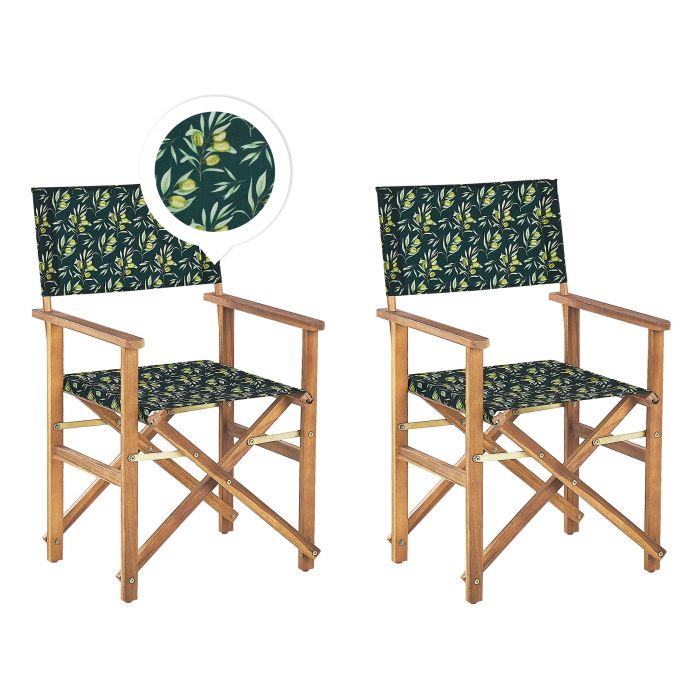 Set of 2 Acacia Folding Chairs and 2 Replacement Fabrics Light Wood with Off-White / Olives Pattern CINE