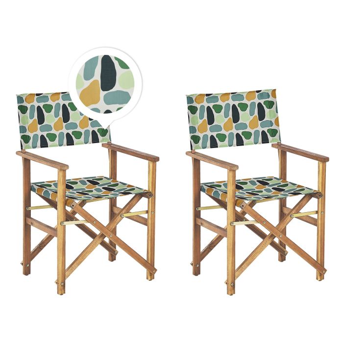 Set of 2 Acacia Folding Chairs and 2 Replacement Fabrics Light Wood with Off-White / Geometric Pattern CINE