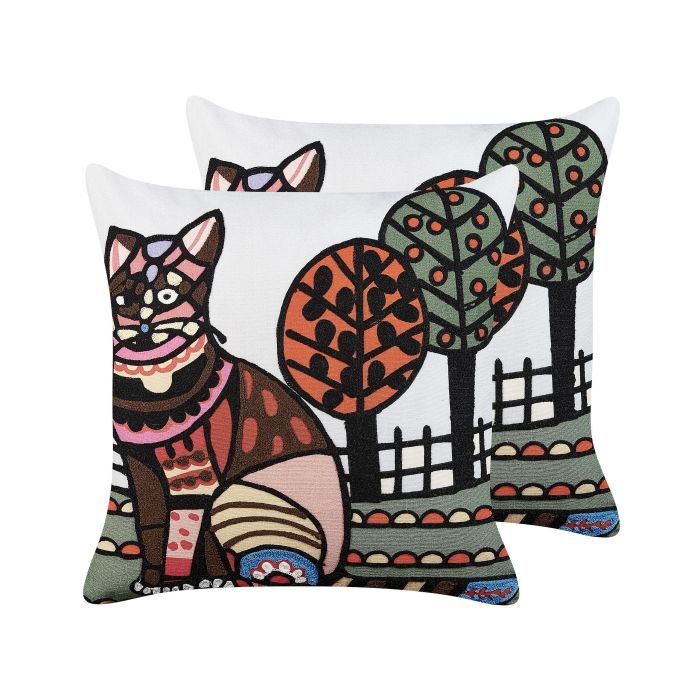 Set of 2 Embroidered Cotton Cushions Cat Motif 50x50cm Multicolour