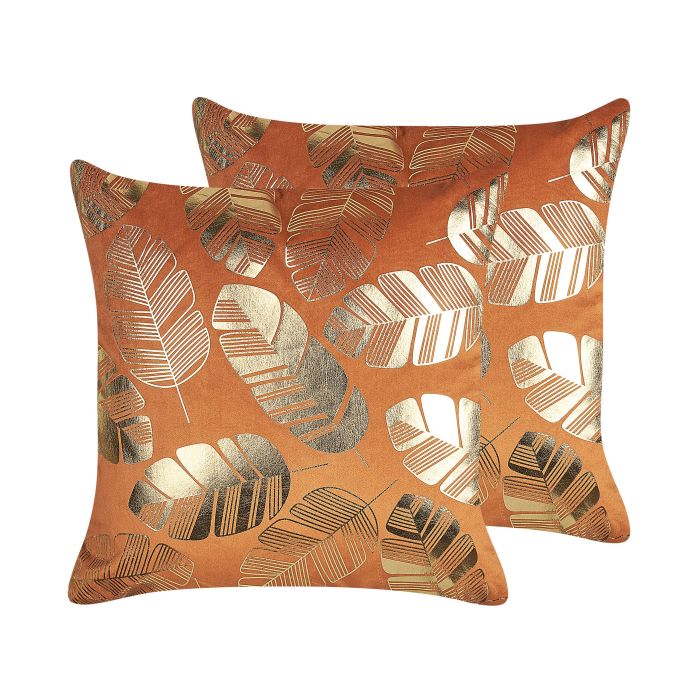 Set of 2 Velvet Cushions Leaf Print 45x45cm Orange