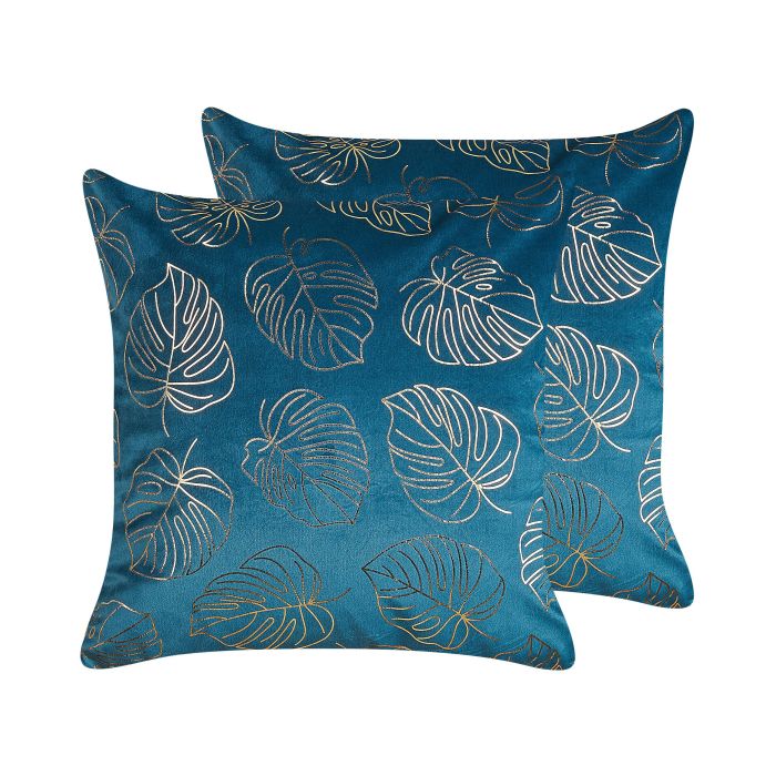 Set of 2 Velvet Cushions Leaf Print 45x45cm Blue