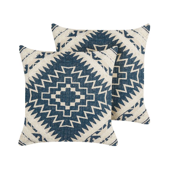 Set of 2 Cotton Cushions Geometric Pattern 50x50cm Blue and Beige