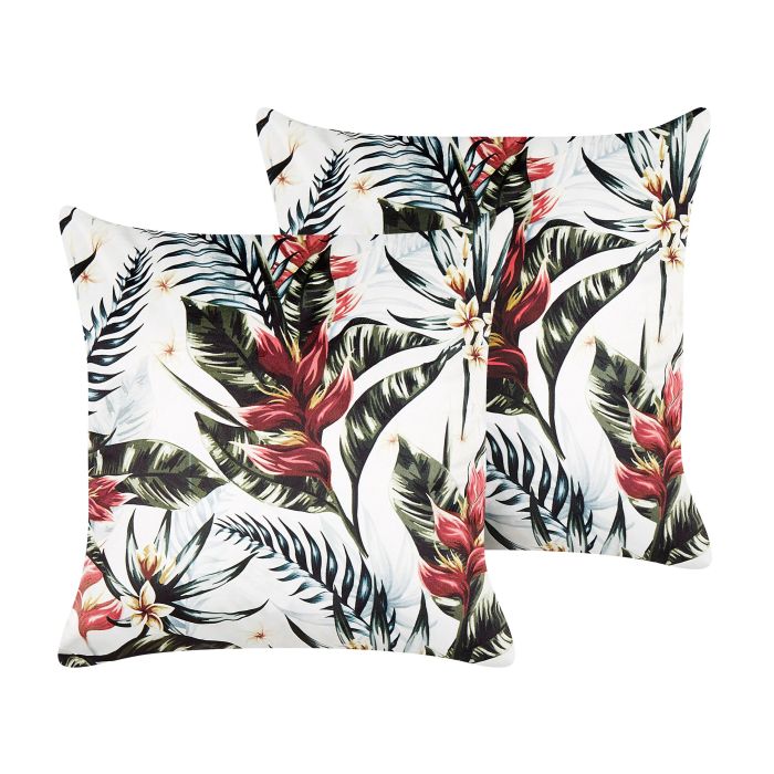 Set of 2 Velvet Cushions Leaf Pattern 45x45cm Green and Red