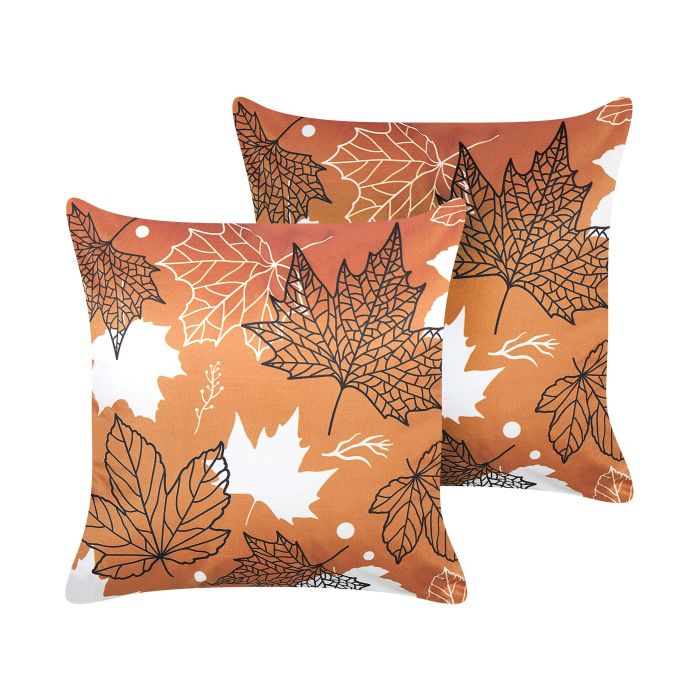 Set of 2 Velvet Cushions Leaf Pattern 45x45cm Orange