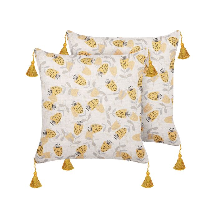 Set of 2 Cushions Flower Pattern 45x45cm Yellow and Beige